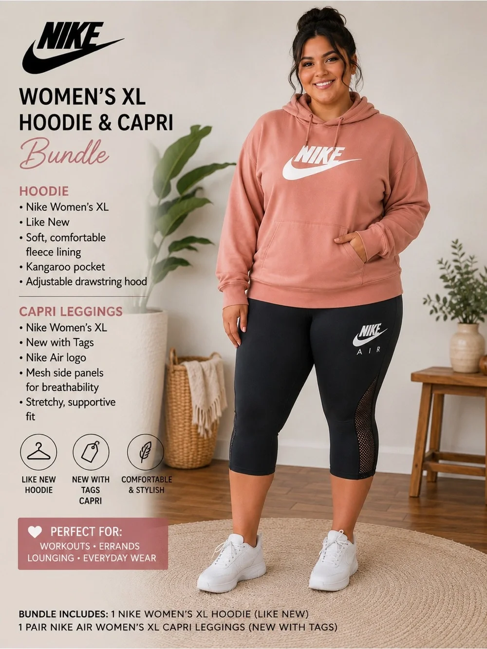 Nike Women's XL Dusty Rose Hoodie with Black Capri Leggings New with tags